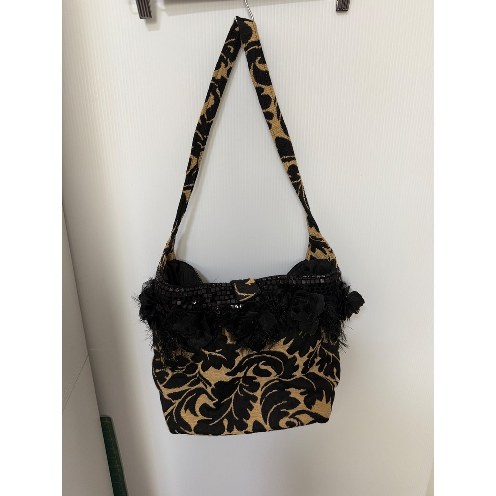 Vintage Damask Tapestry Shoulder Bag Black Tan Rosette Sequin Fringe Tote